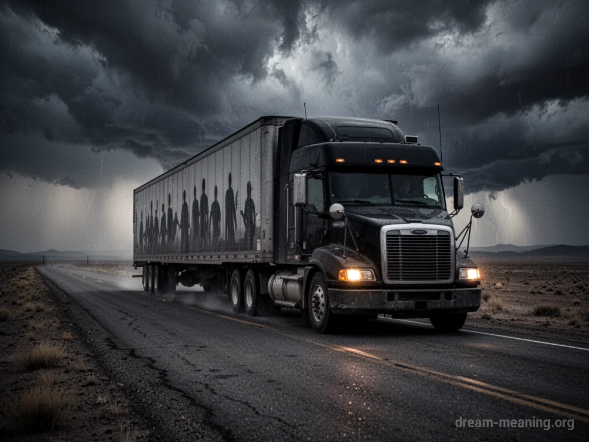 A semi-truck with a dark trailer on a desolate road.