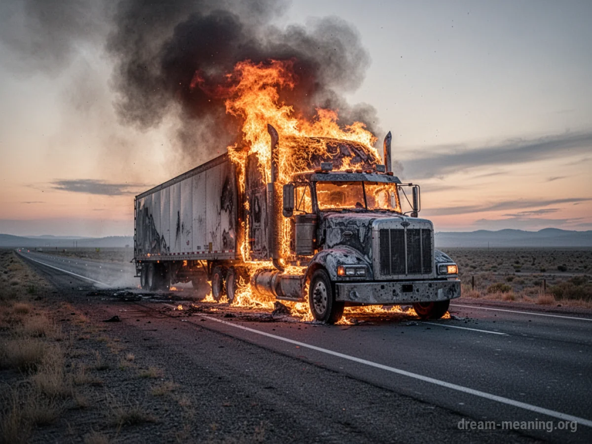 A semi-truck burning intensely on an empty road.
