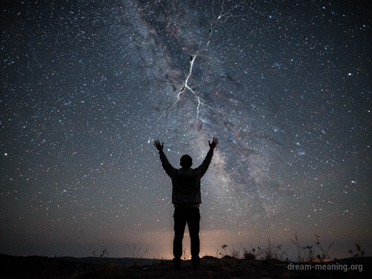 Silhouette of a person reaching towards a cracked night sky.