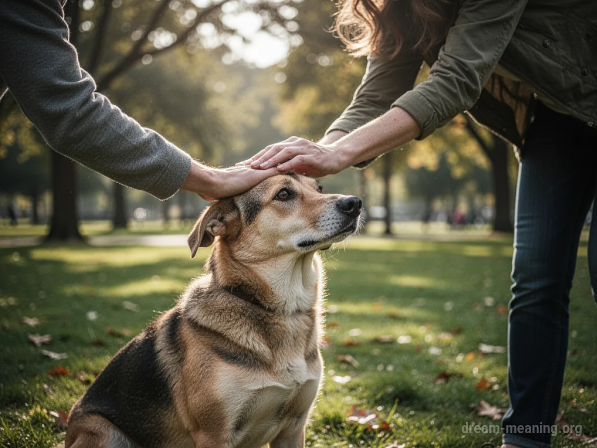A person's hand resting on a dog's head.