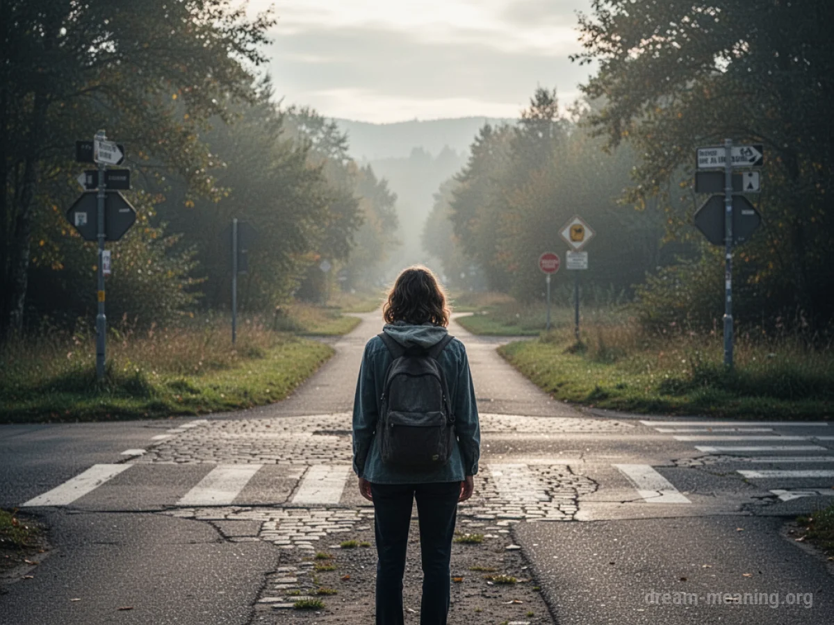 A person stands at a branching path, looking thoughtfully down one direction.