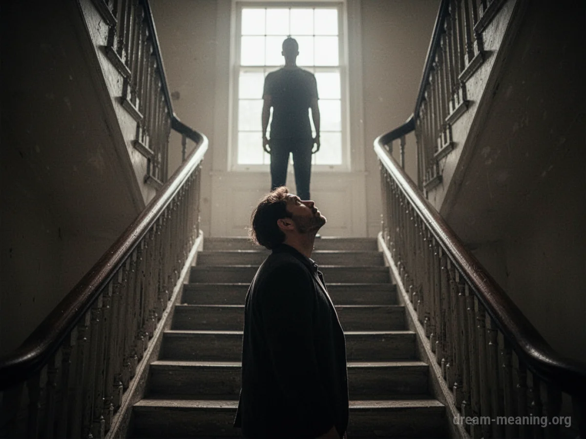 Silhouette of a person looking up at a figure on a staircase.