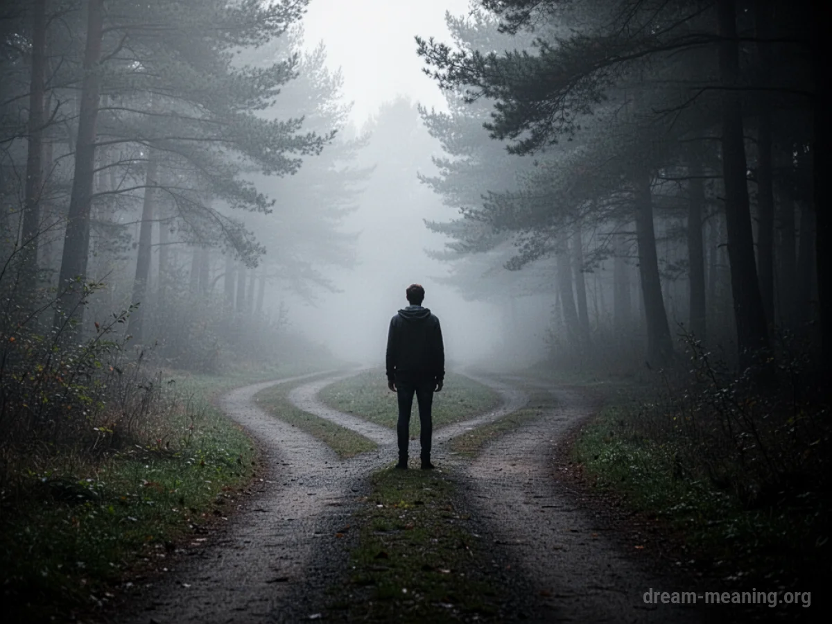A person at a crossroads with two indistinct paths ahead.