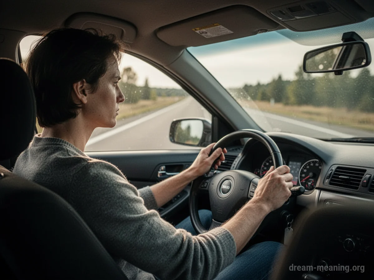 A person's hands on a steering wheel, looking out at a road ahead.