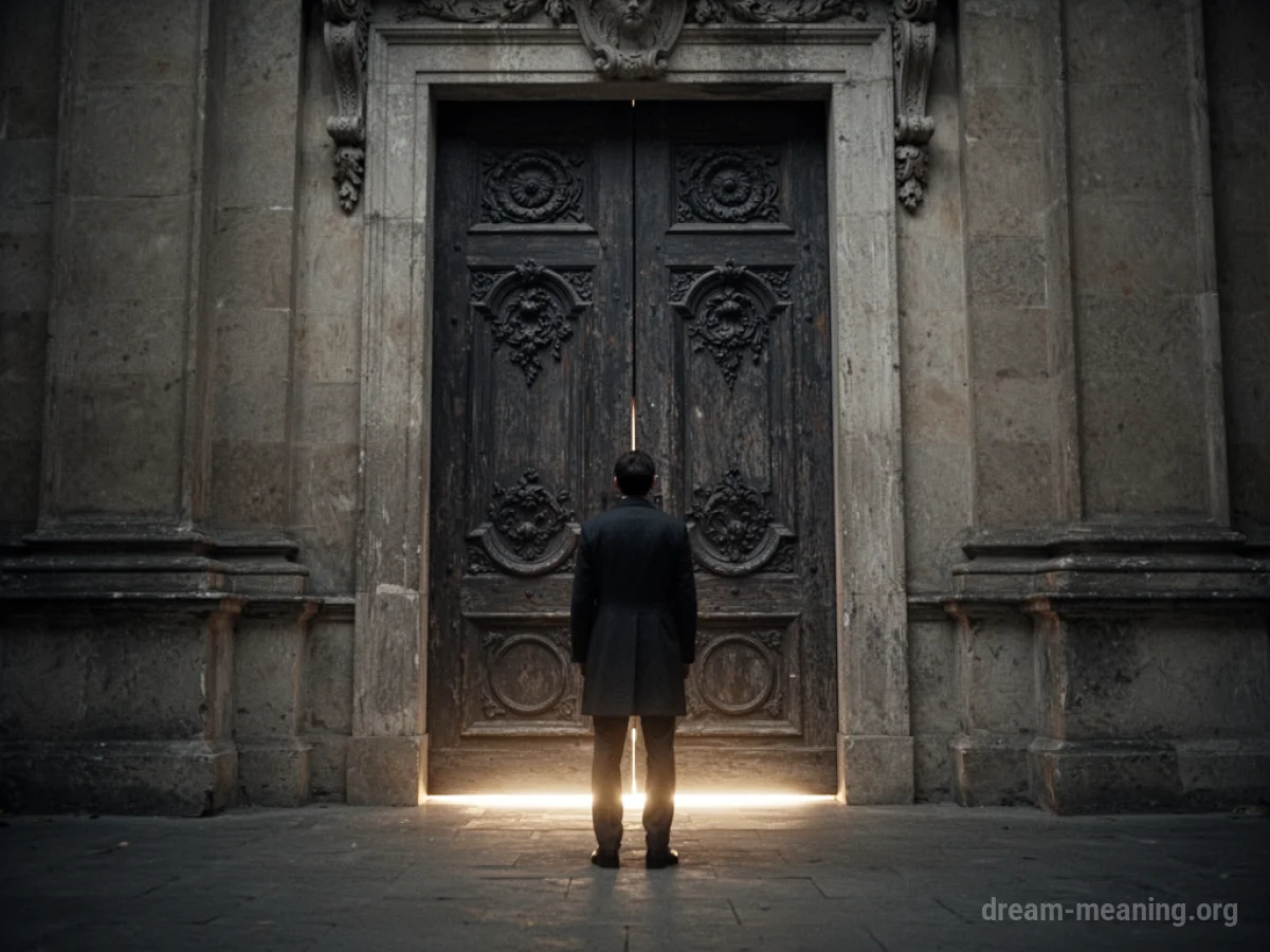 A person standing in front of a large, closed door with light peeking out from the bottom.