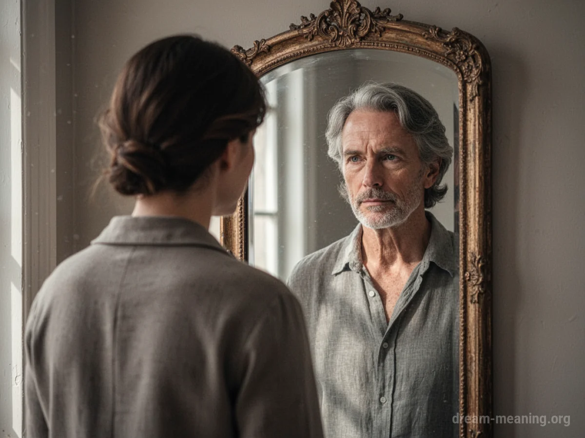 Person looking into a mirror reflecting a different self.
