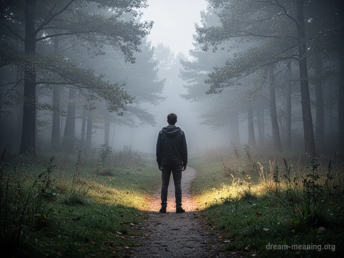 Silhouette of a person looking back down a path shrouded in mist.