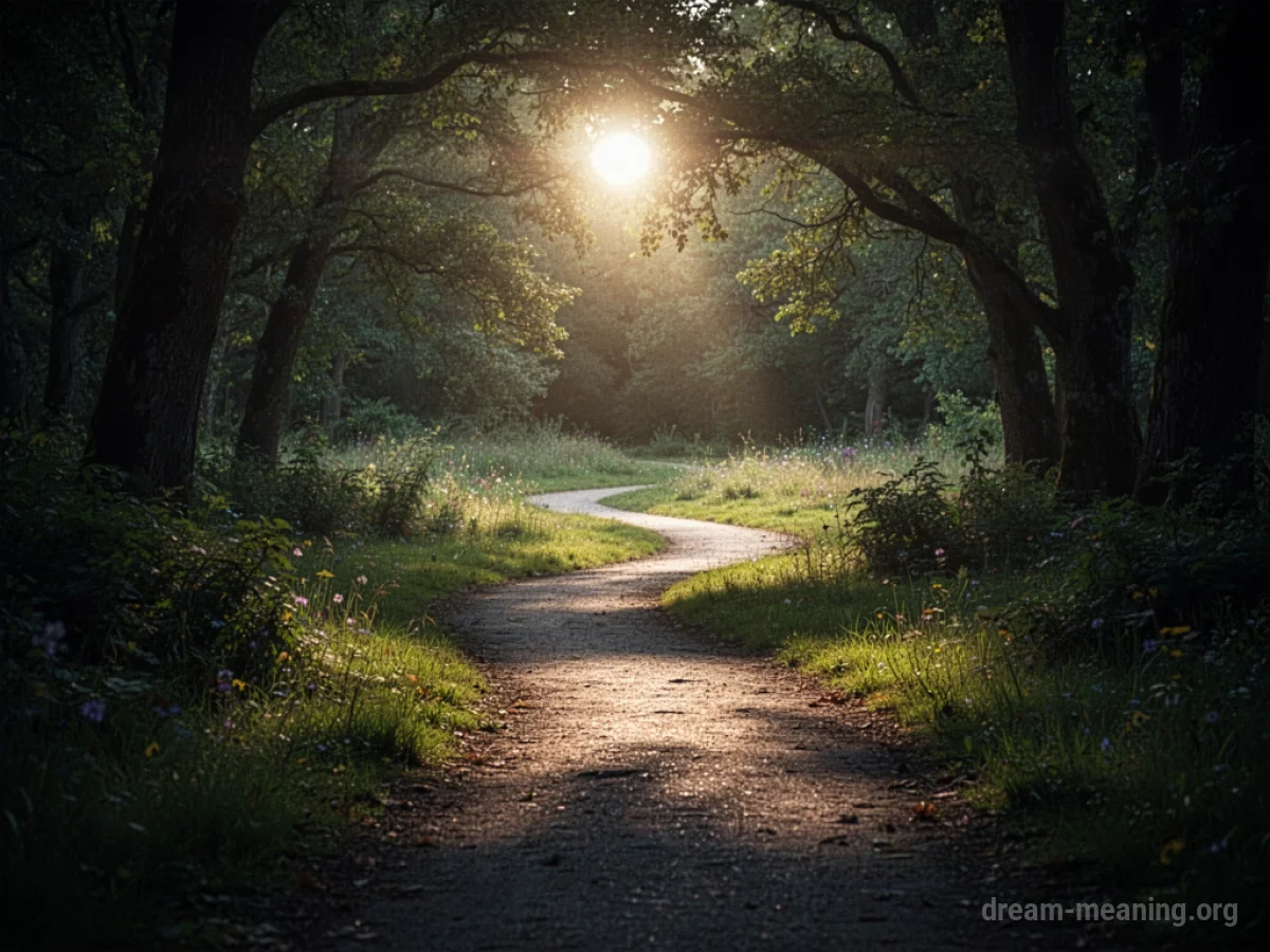 A bright light shines on a path leading from darkness to a clearing.