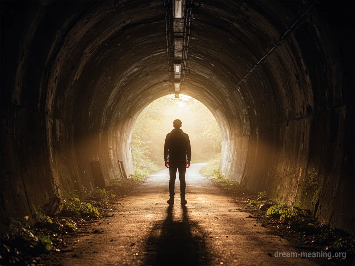 A person silhouetted against a bright light at the end of a dark tunnel.