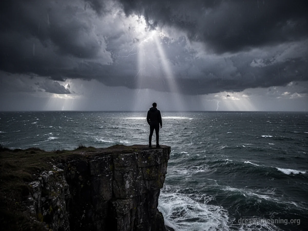 Silhouette of a person at a cliff edge facing a dark, stormy sea under cloudy skies.