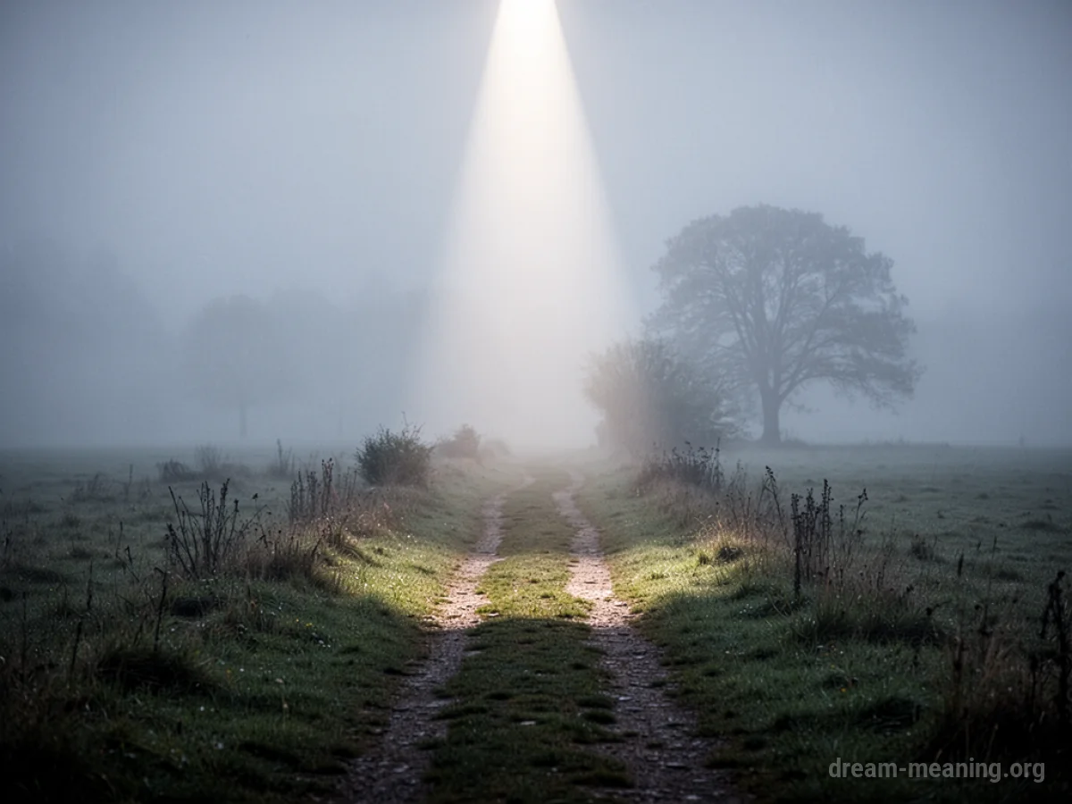 A beam of light shines on a path in a foggy landscape.