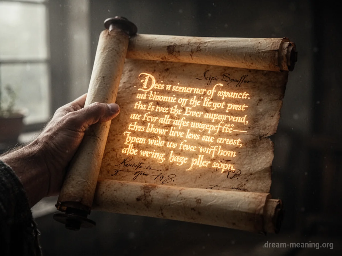 A hand holding a scroll with illuminated writing.