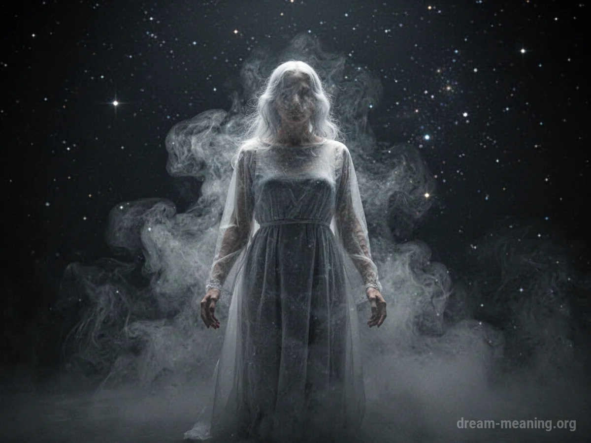 A translucent figure dissolving into mist.