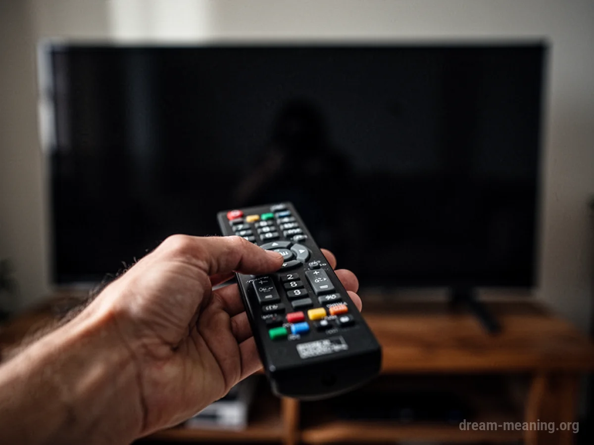 A hand holding a remote control, poised to press a button on a dark television screen.