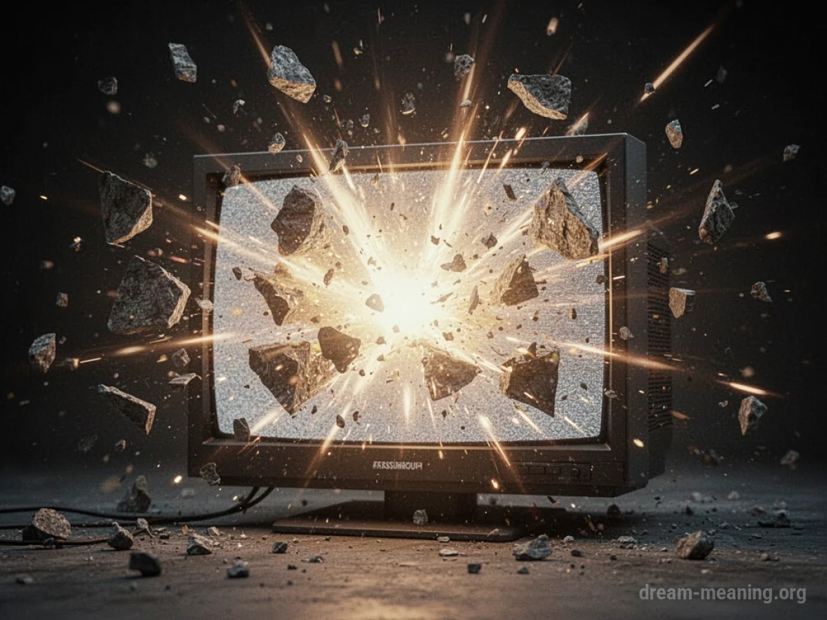 A television screen shattering outwards with bright light emanating from the center.