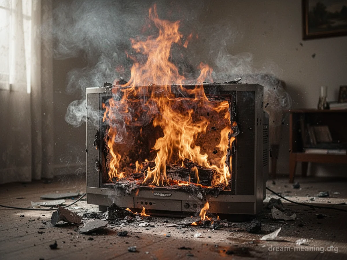 A television with flames and smoke coming from its screen.