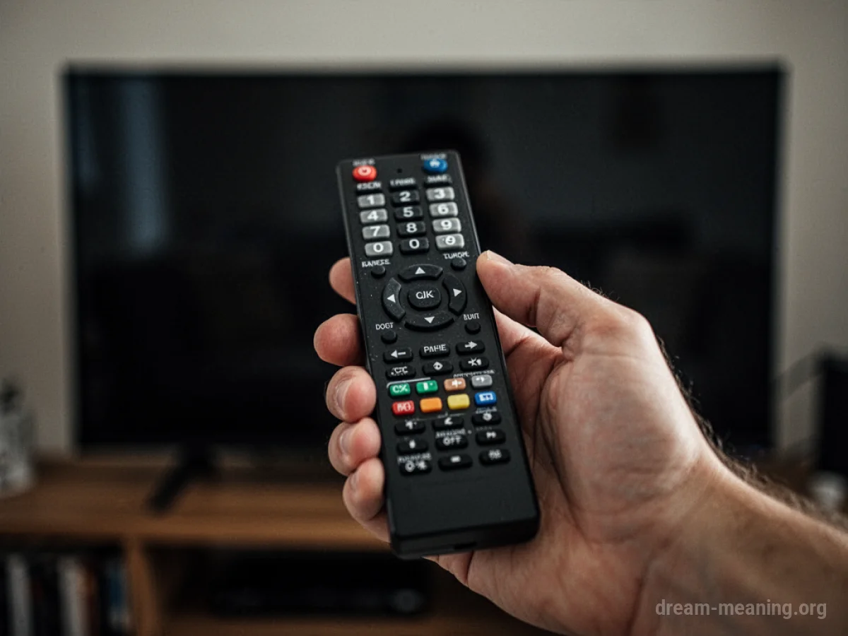 A hand holding a television remote with an unlit screen in the background.