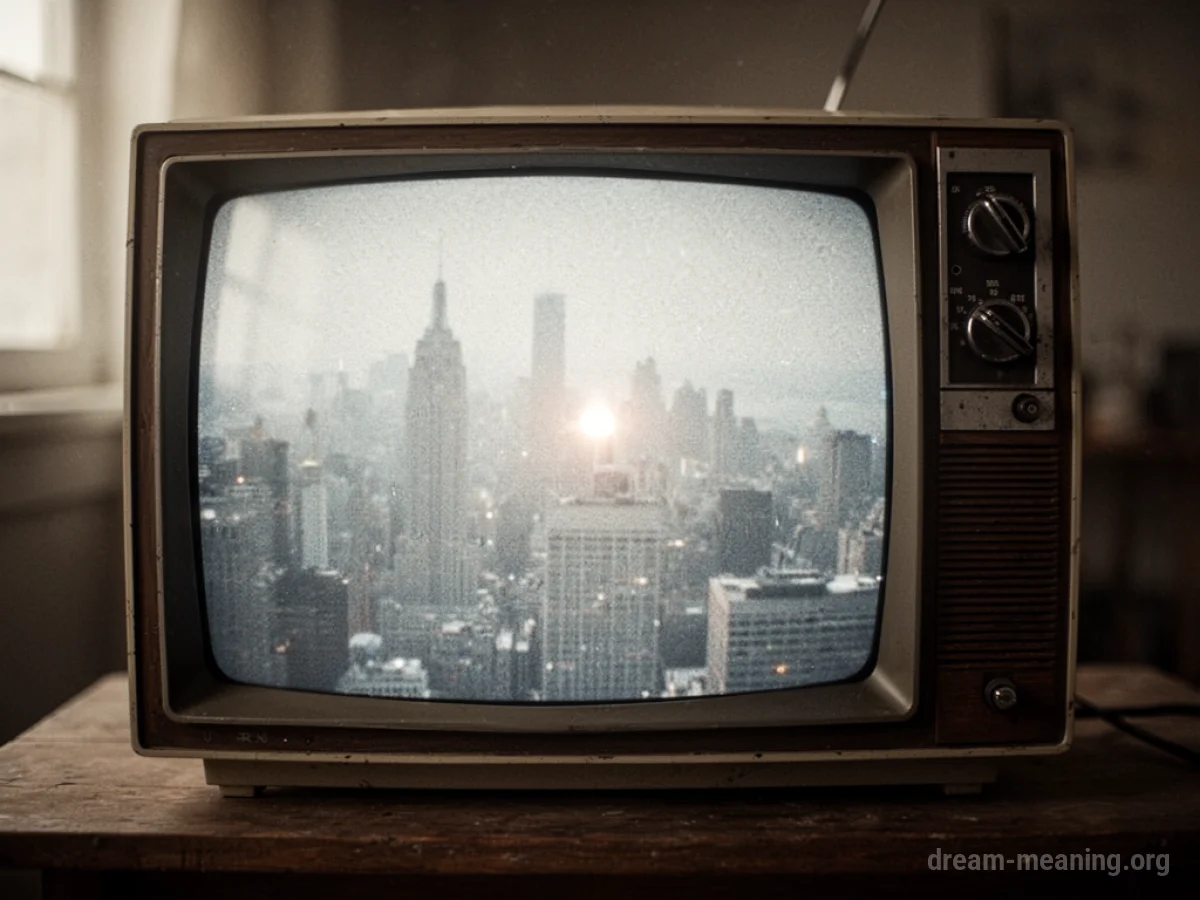 A television screen with a hazy image of a future city.