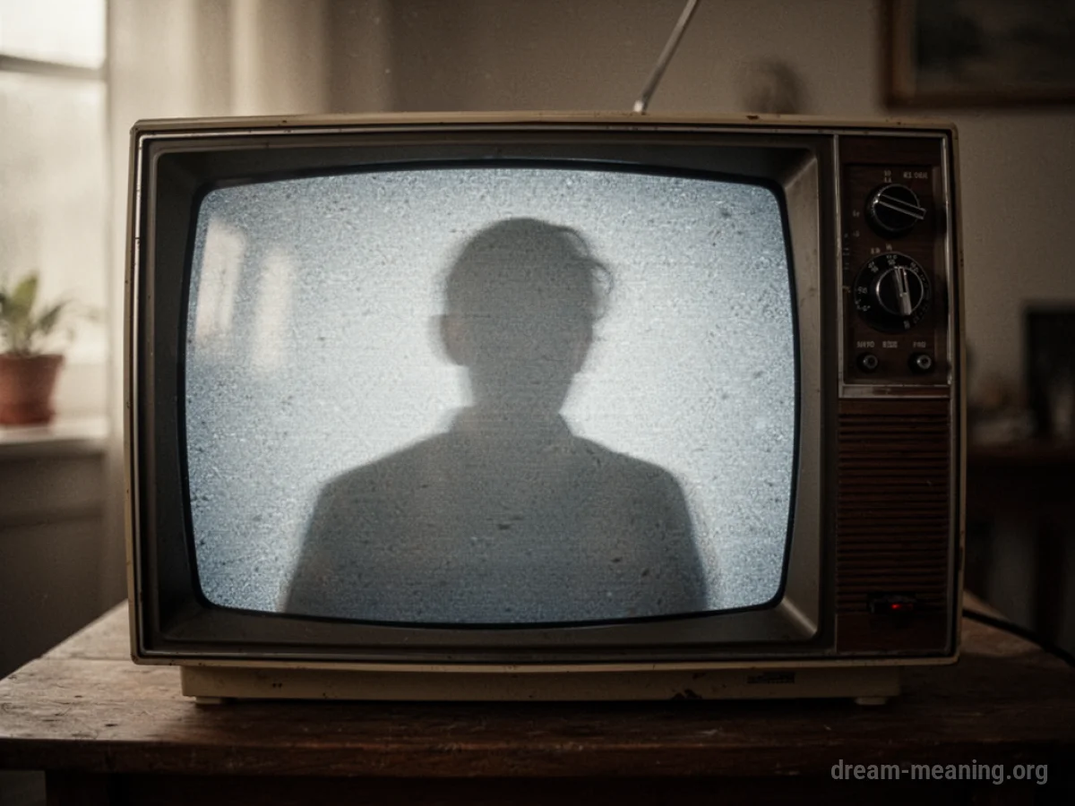 A dark television screen with a faint, indistinct human silhouette visible on its surface.