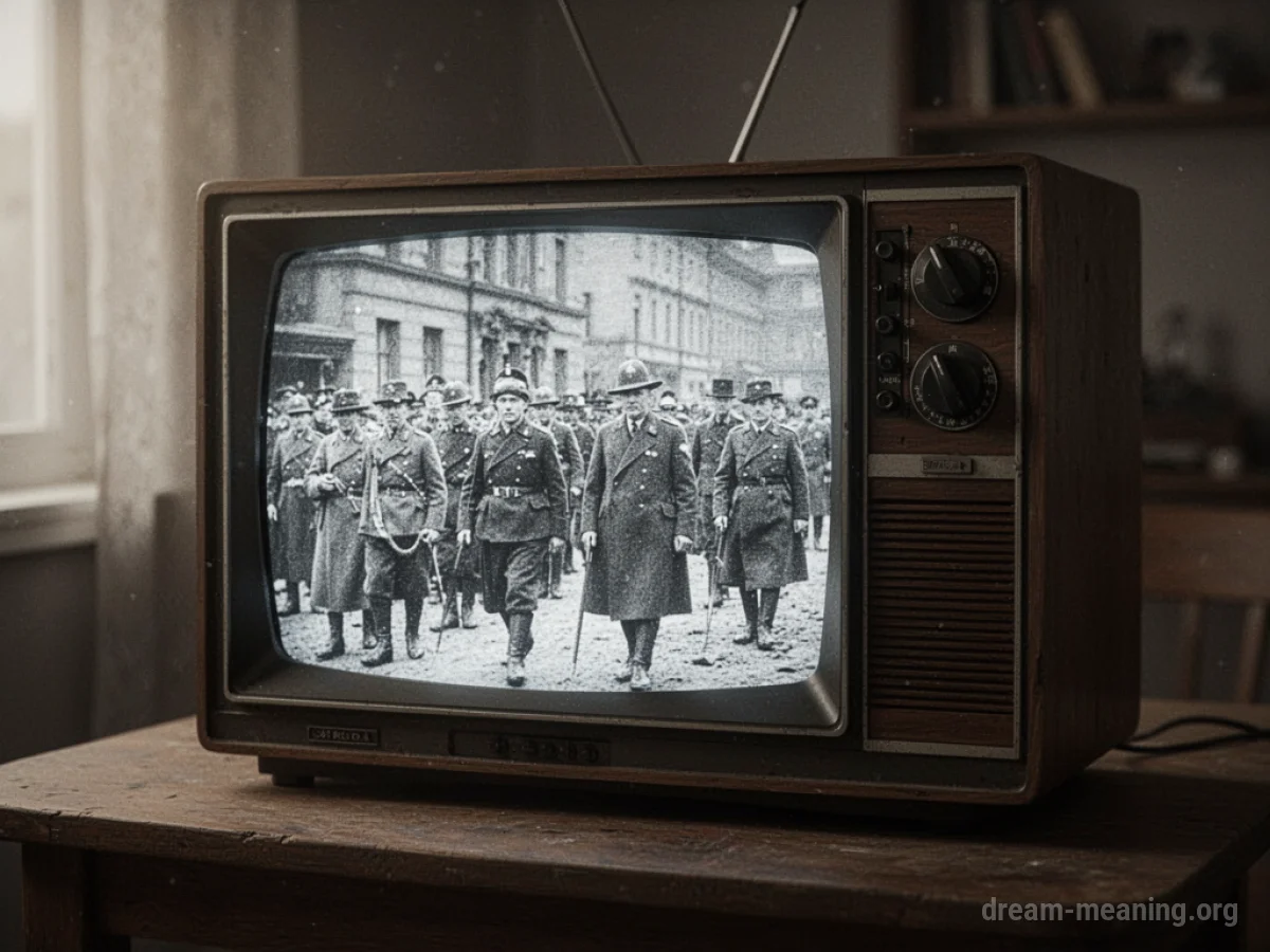 An antique television displaying a static image.