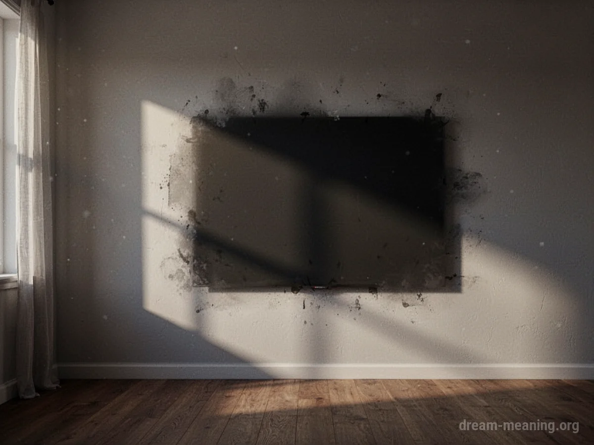An empty wall with a faint outline where a television was mounted.