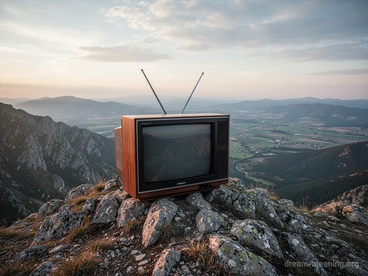 A television perched on a rocky mountain peak.