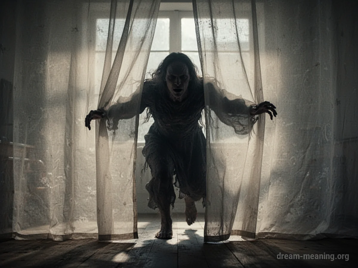 A shadowy duplicate lunges from behind a sheer fabric.
