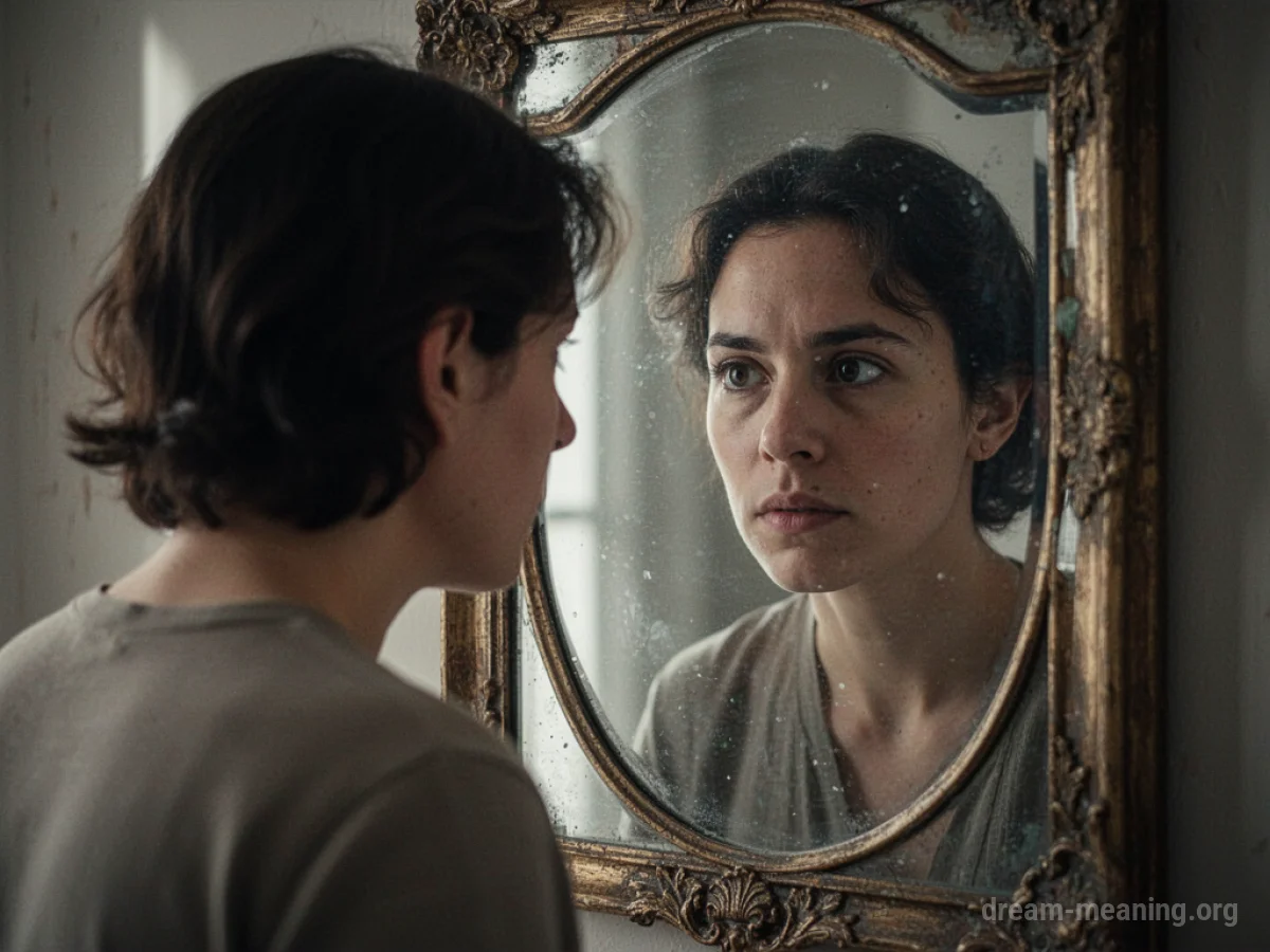 A person looking into a mirror, their reflection is altered.