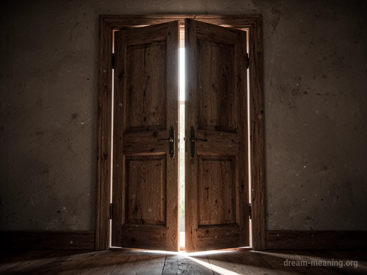 A narrow gap of light appears in a closed wooden door.
