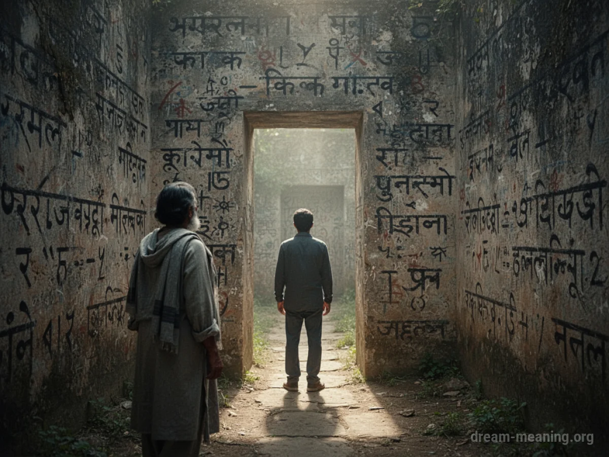 A person looking at a wall covered in foreign text.