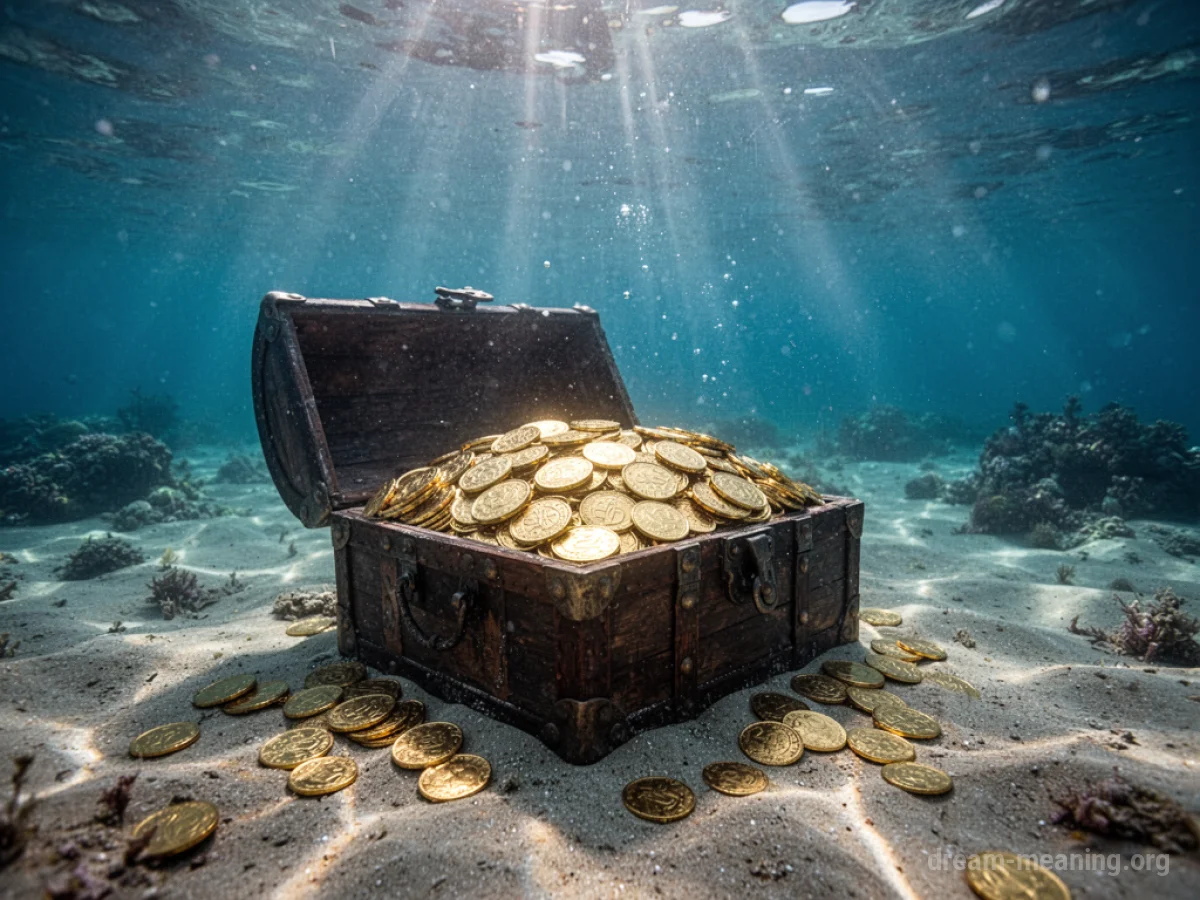 A treasure chest filled with gold coins on the ocean floor, illuminated by shafts of sunlight from above.