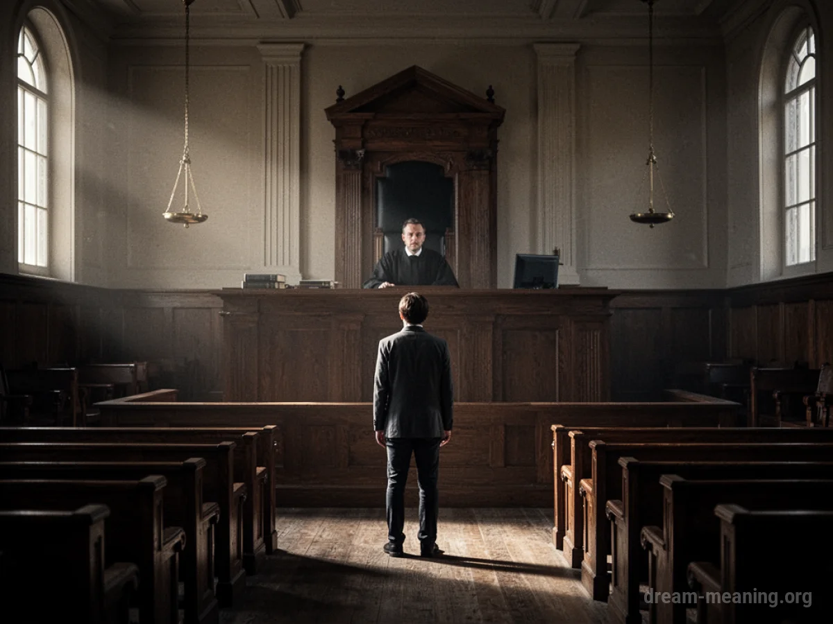 A silhouette of a person facing a darkened judge's bench in a courtroom.