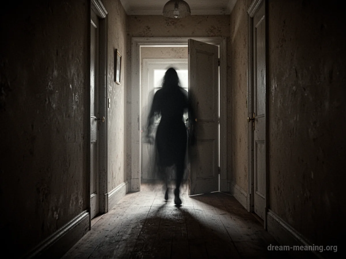 A dark, indistinct silhouette stands at the end of a long corridor.