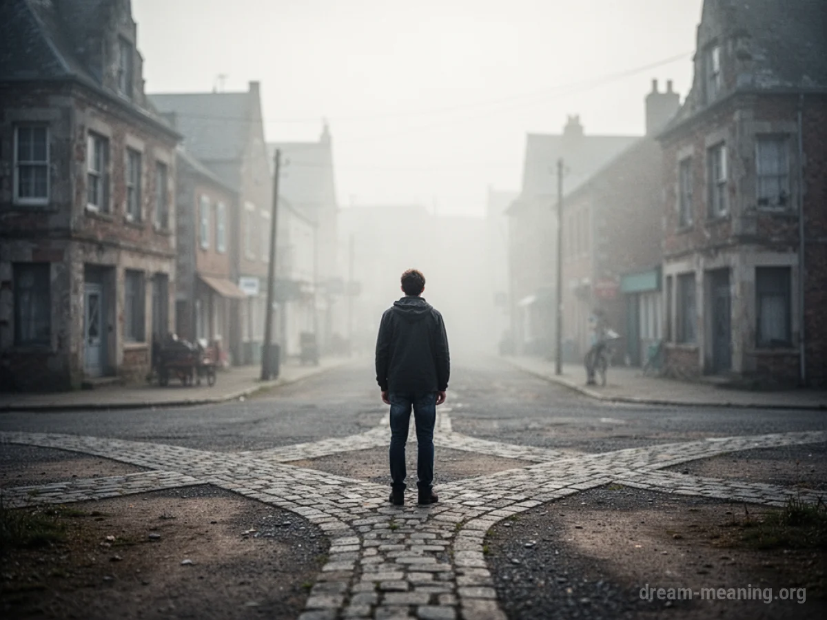 A person stands at a crossroads in a foggy, indistinct town.