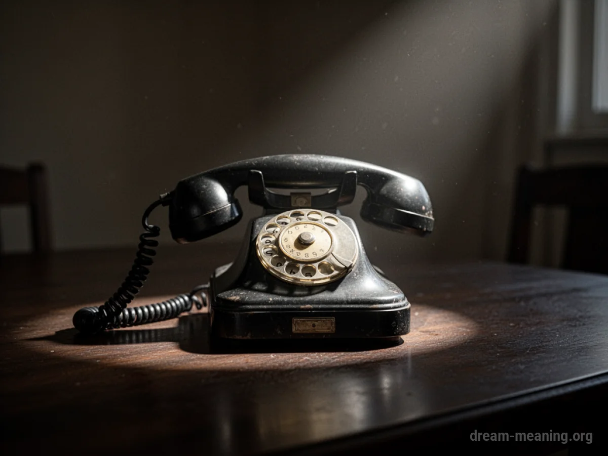 A vintage telephone on a table with a spotlight on the receiver.