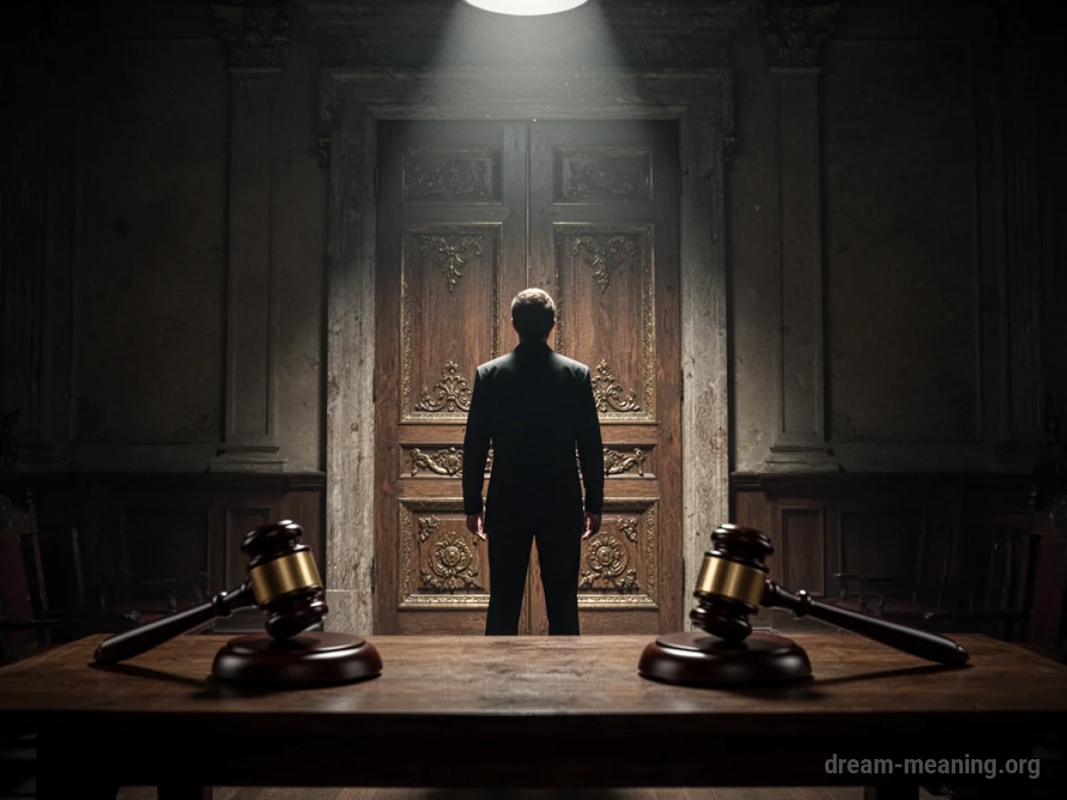 A solitary figure stands in a dark room facing a large, imposing door.