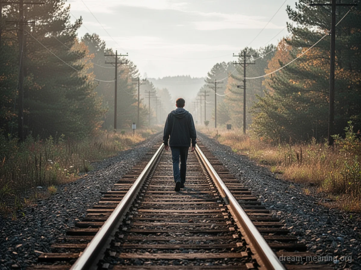 A person walks on railroad tracks.