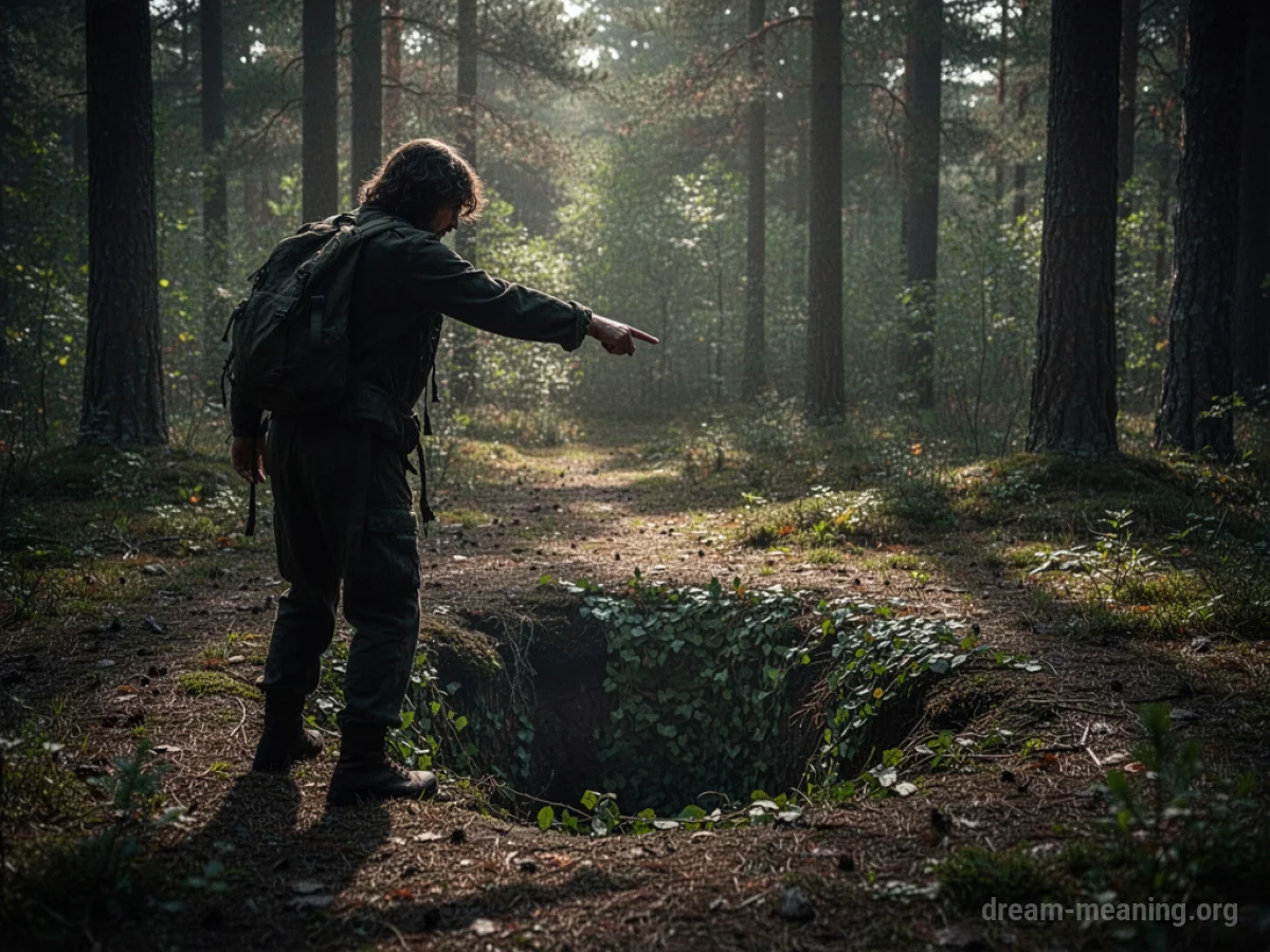 A person pointing a finger towards a hidden hole in the ground.