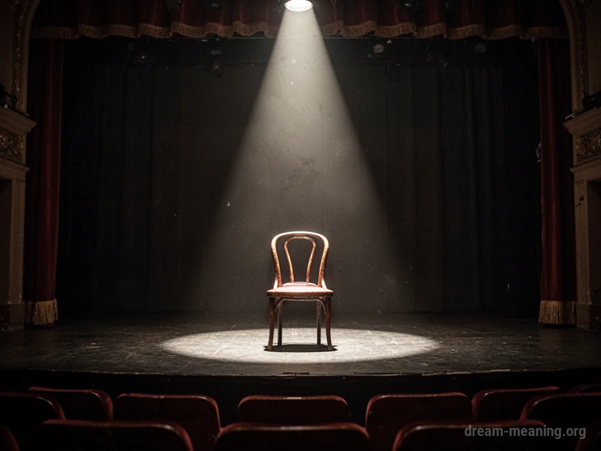 An empty chair on a theater stage under a spotlight.