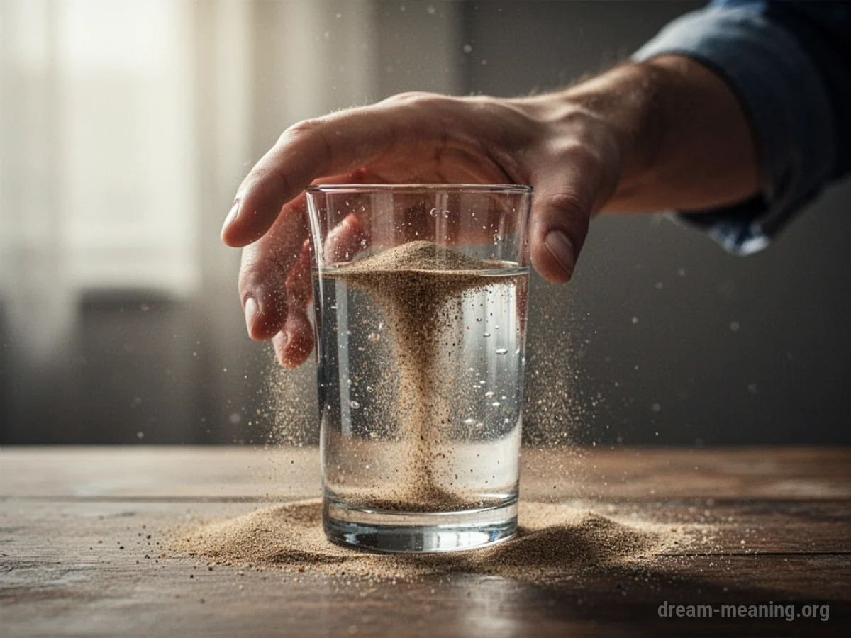 A hand reaching into a glass that is filling with sand instead of water.