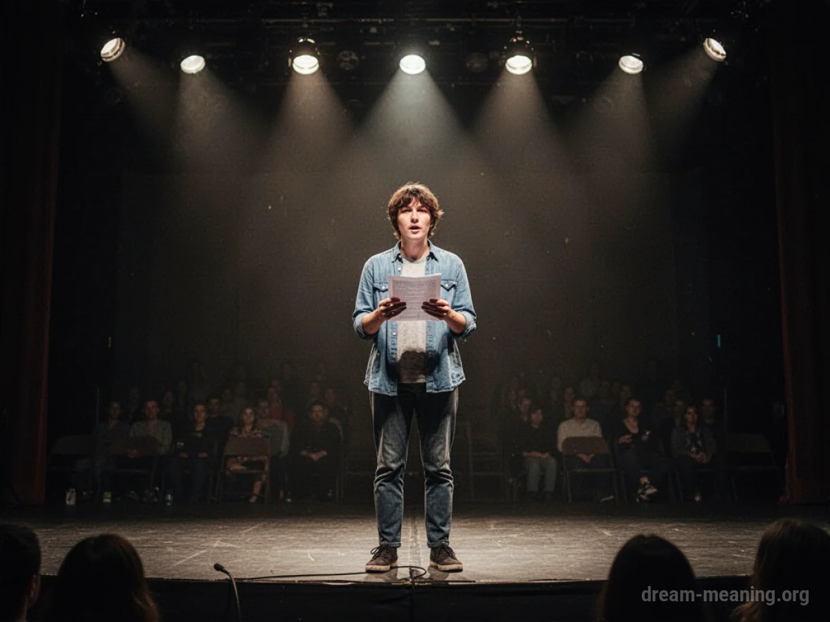A lone figure on a stage under a spotlight.