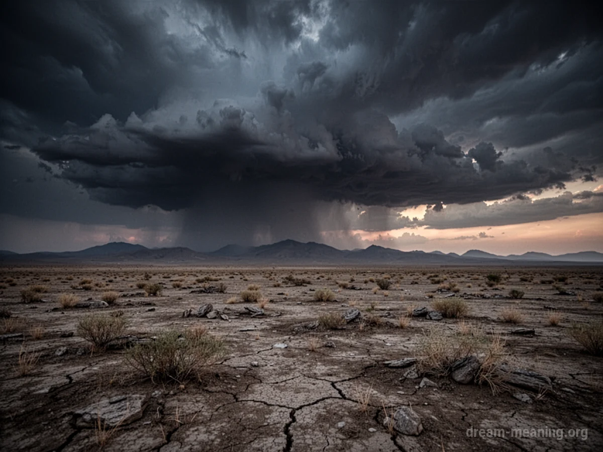 A barren landscape with a dark, stormy sky overhead.
