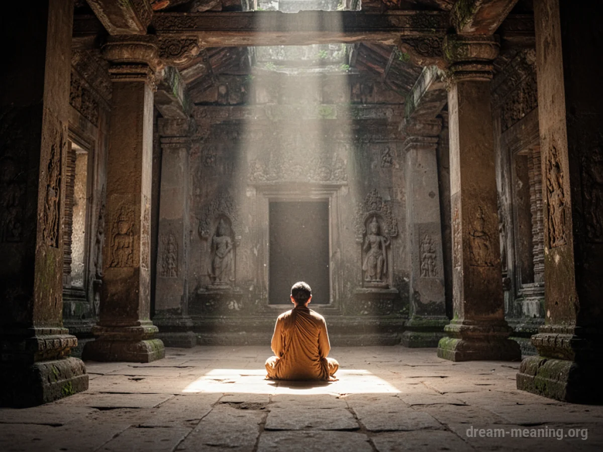 A person standing alone in a large, ornate temple hall.