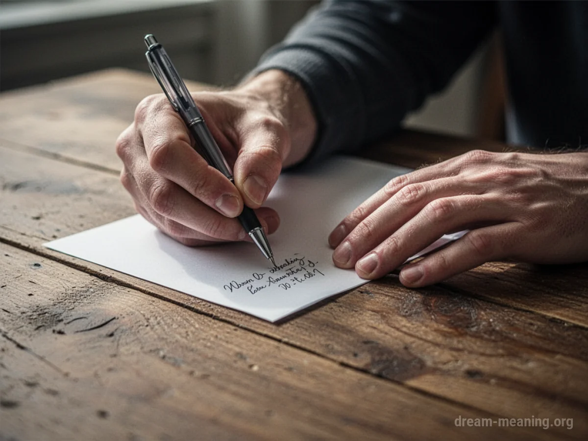 Hands writing with a pen on the surface of a wooden table.