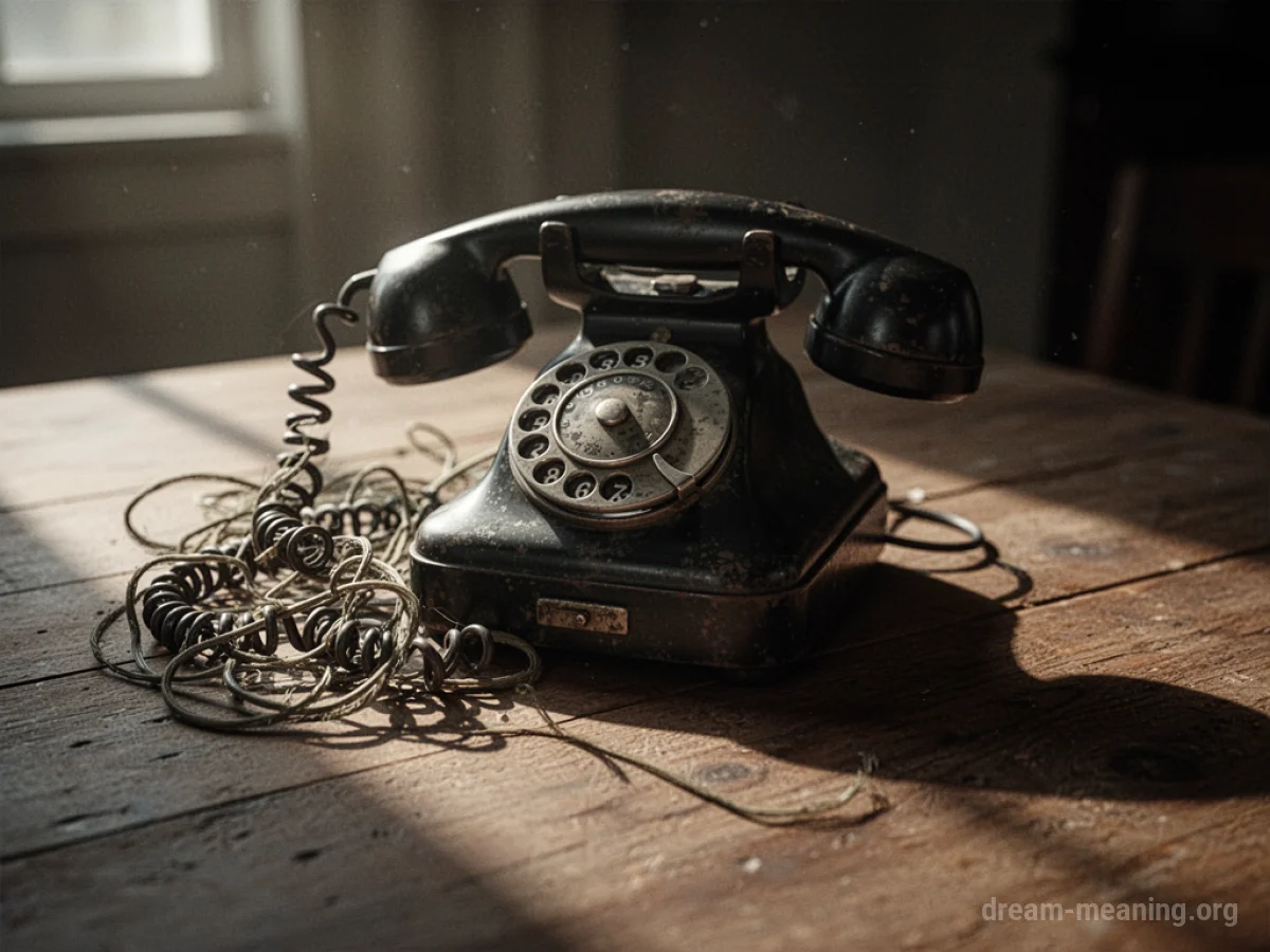 A vintage telephone with a tangled cord.