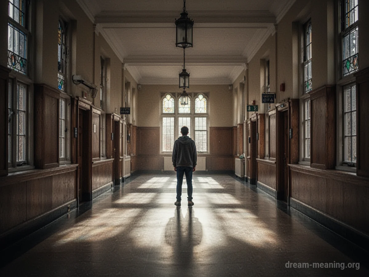 A single person in a dim university corridor.