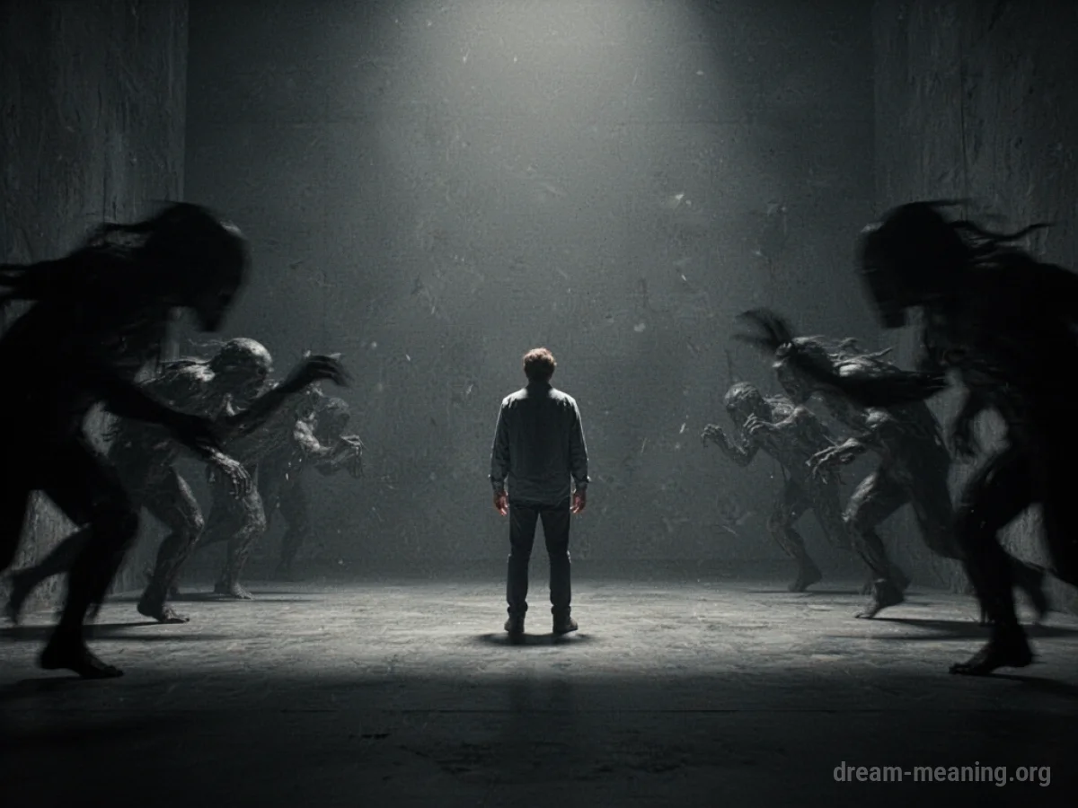 A single person facing indistinct, shadowy forms in a dark, atmospheric environment.
