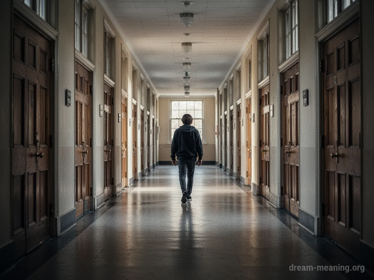 A person walking down a deserted university hallway.