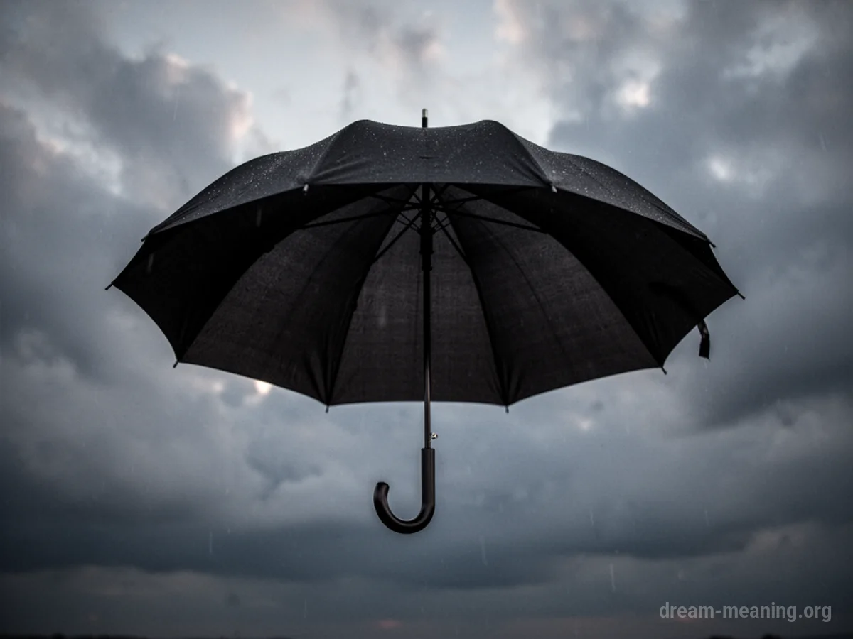 A black umbrella open against a dark, cloudy sky.