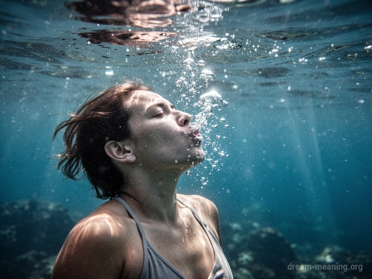 A person exhaling bubbles while underwater.